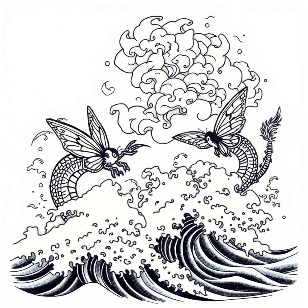 fantasy creatures over ocean japanese tattoo design