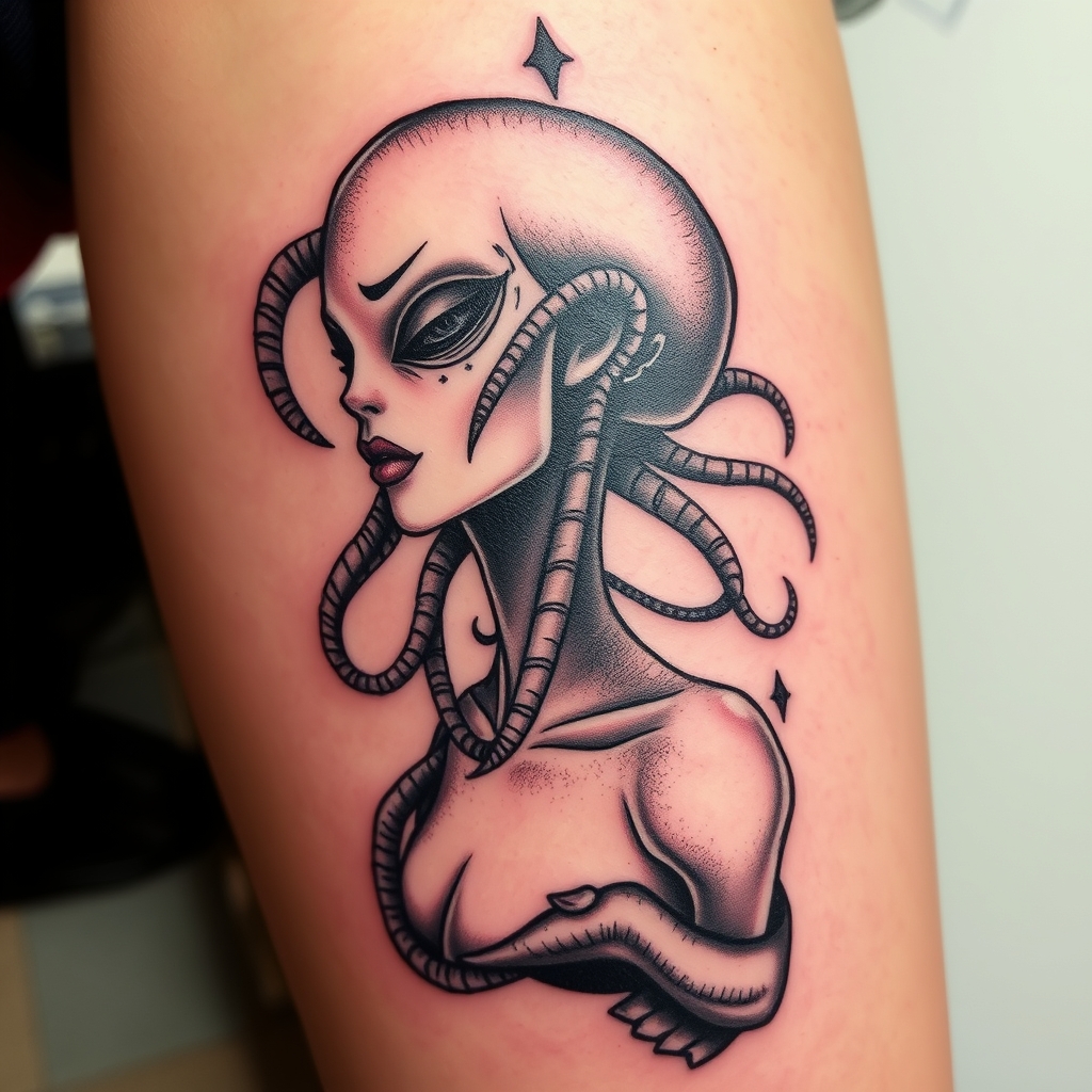 scifi creature surrealistic tattoo design