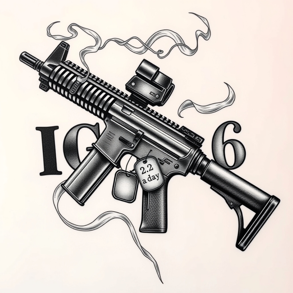 realistic style firearms and memorial tattoo design - AI generated tattoo art for inspiration