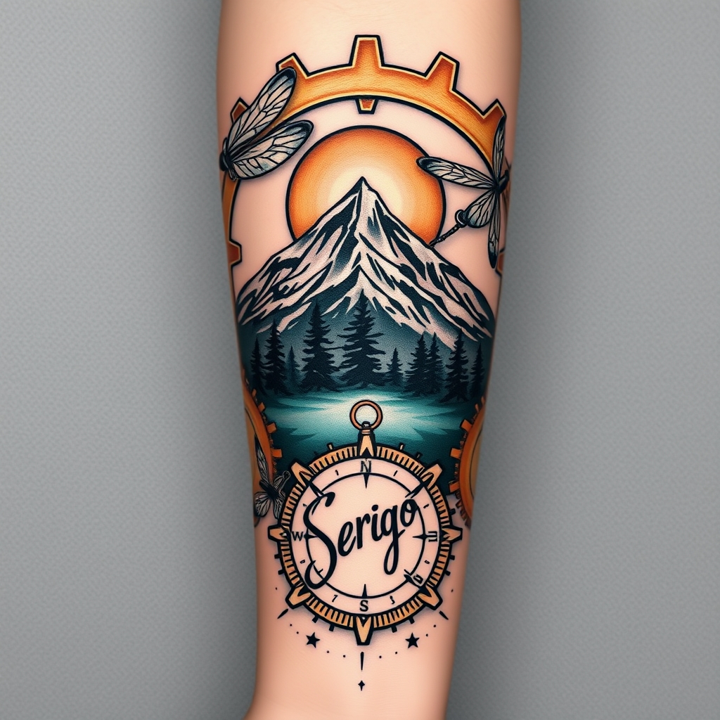 steampunk fantasy landscape surrealistic tattoo design