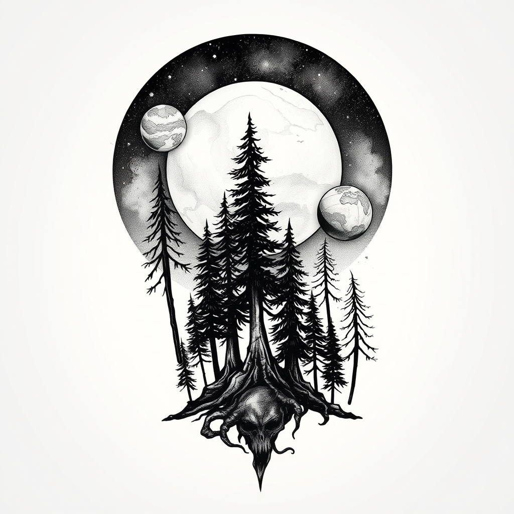 space and nature realistic tattoo design