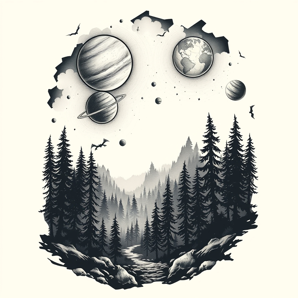 space and nature realistic tattoo design