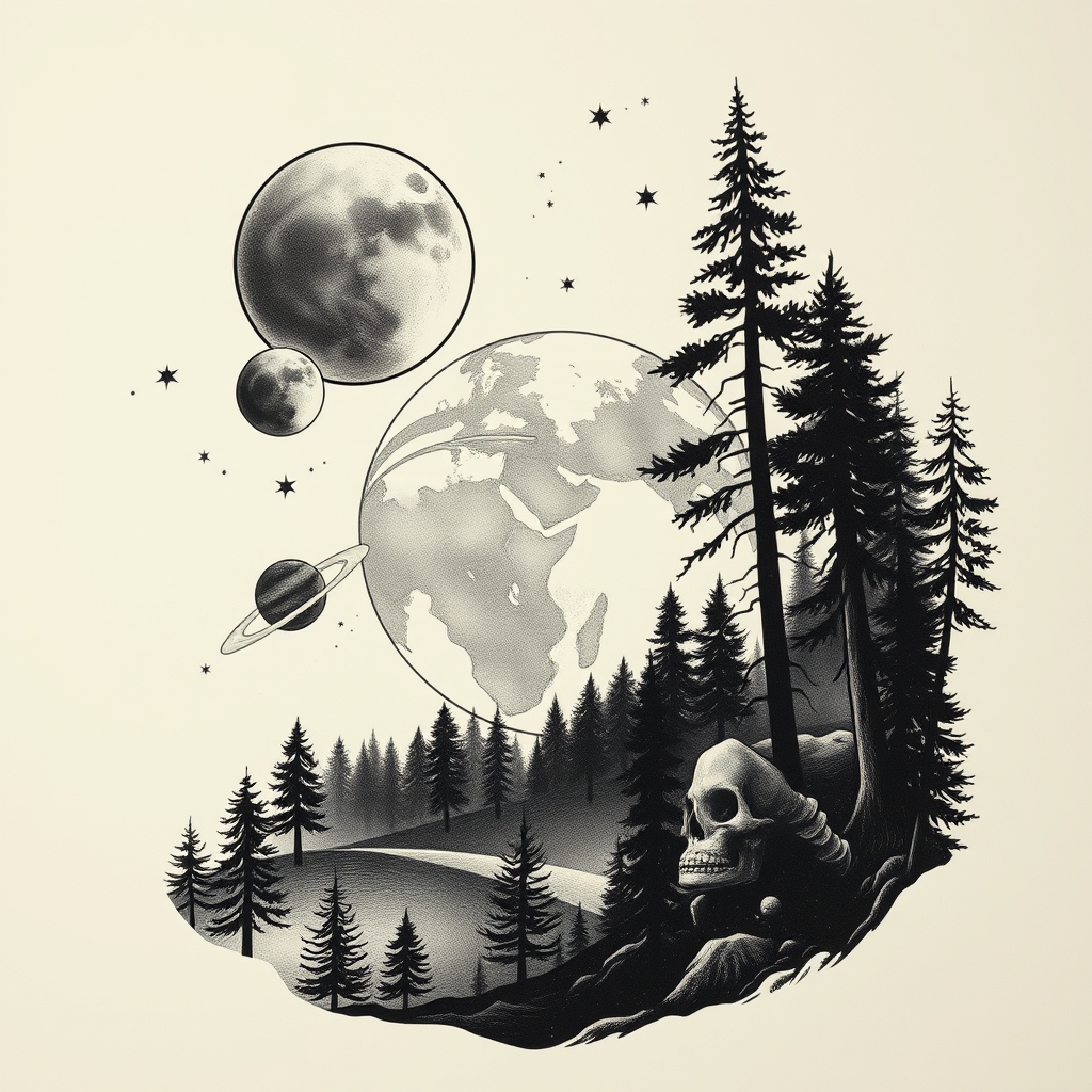 space and nature realistic tattoo design