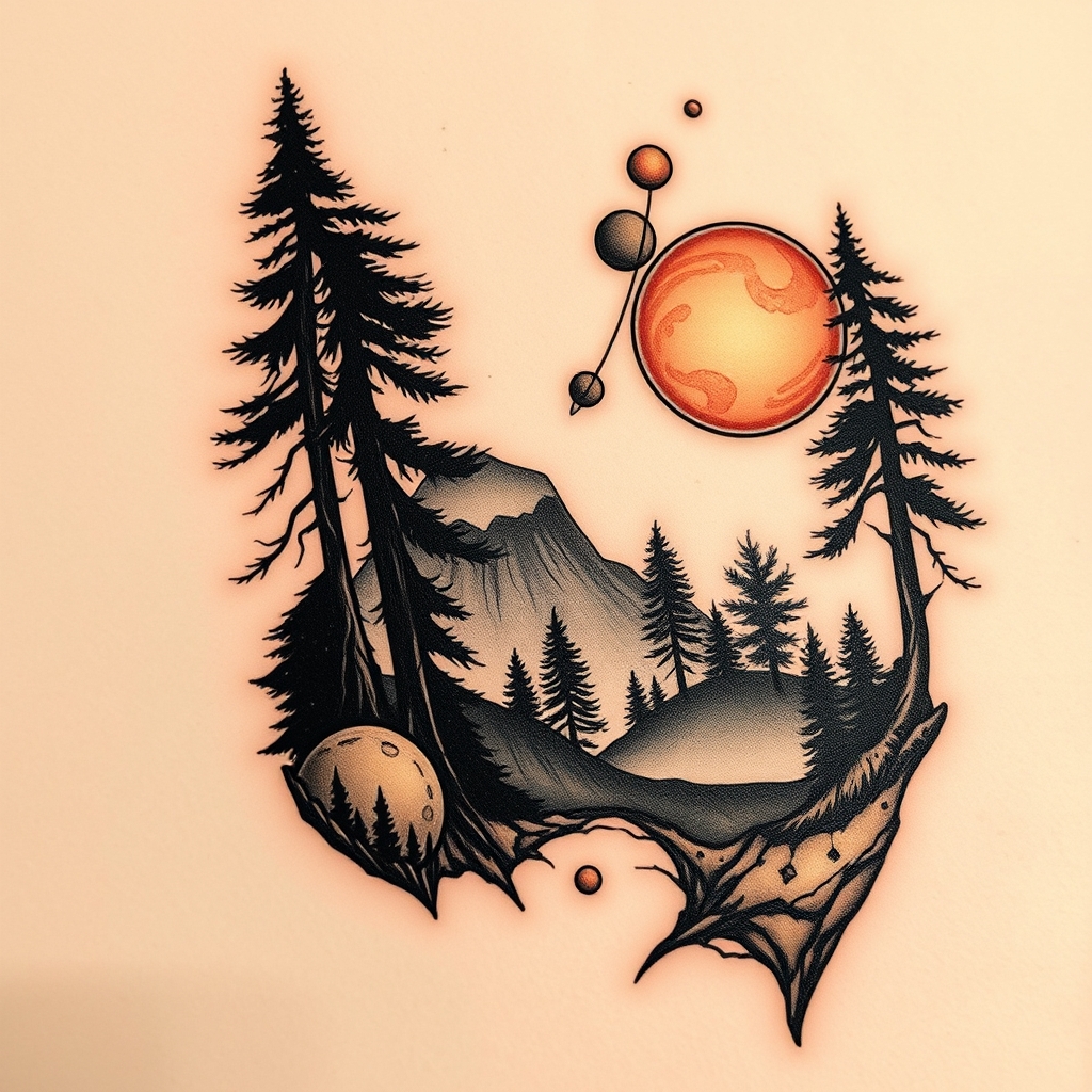 space and nature realistic tattoo design
