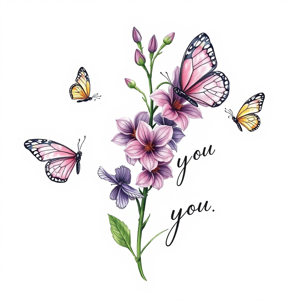 realistic style flowers with butterflies tattoo design - AI generated tattoo art for inspiration