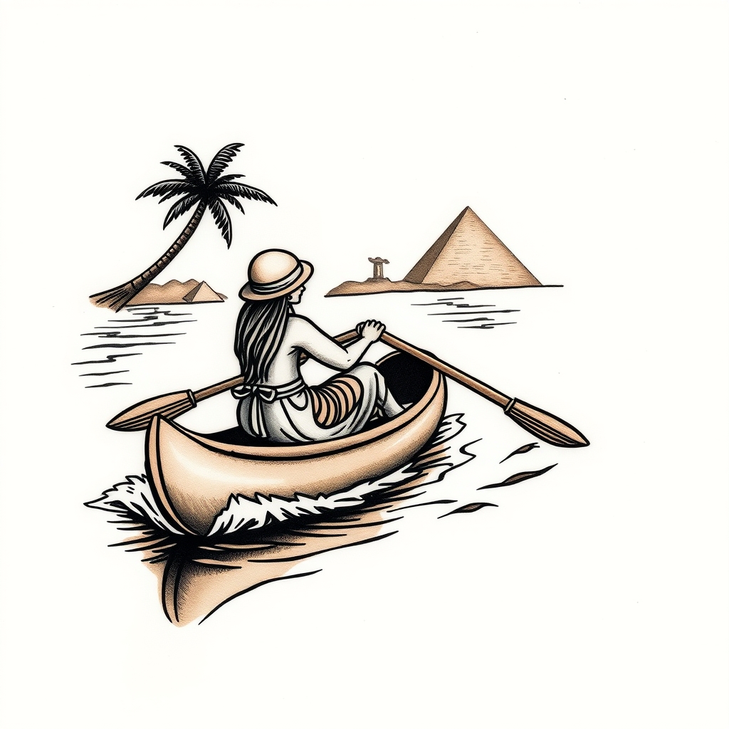 woman paddling canoe traditional tattoo design