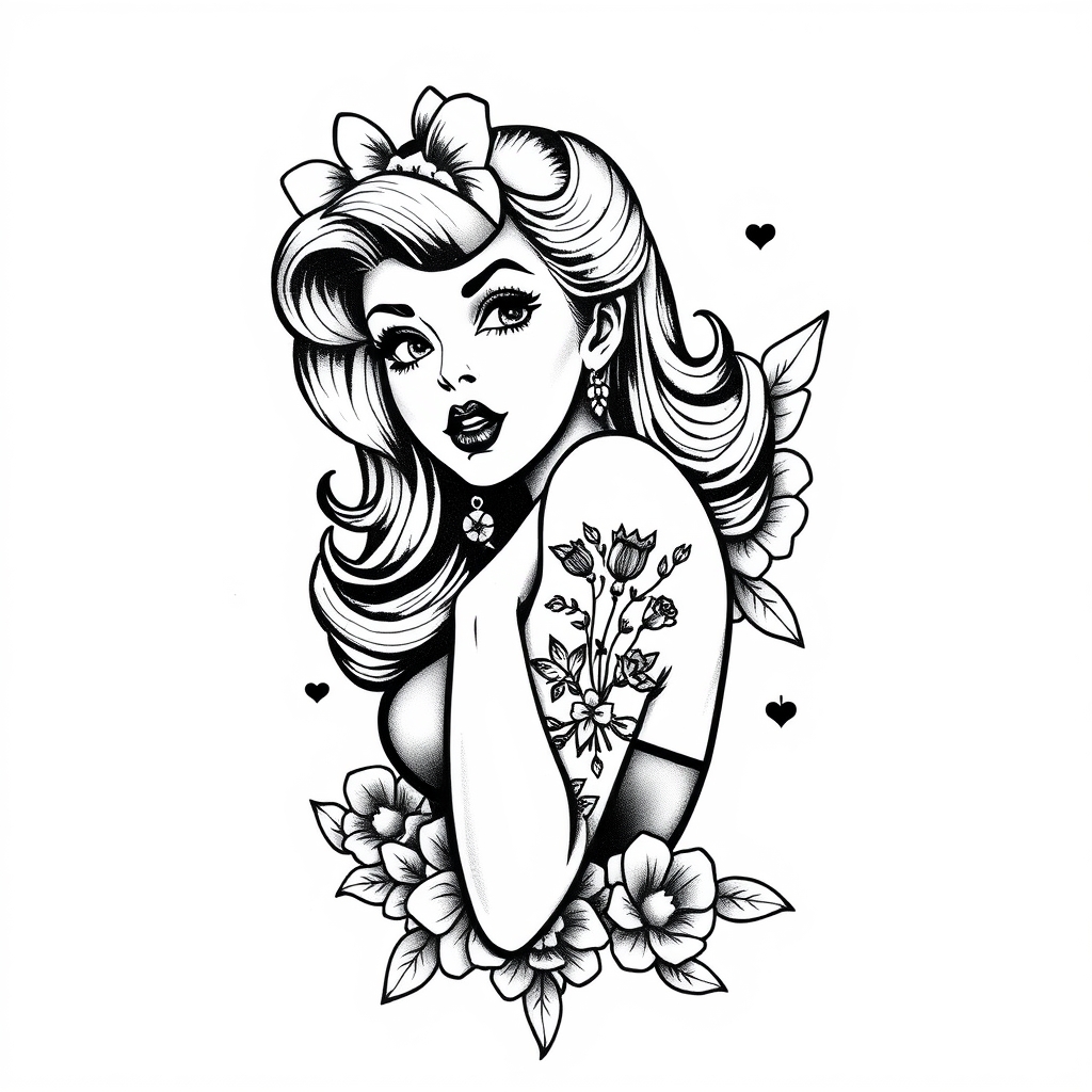 blackwork style pinup girl tattoo design - AI generated tattoo art for inspiration